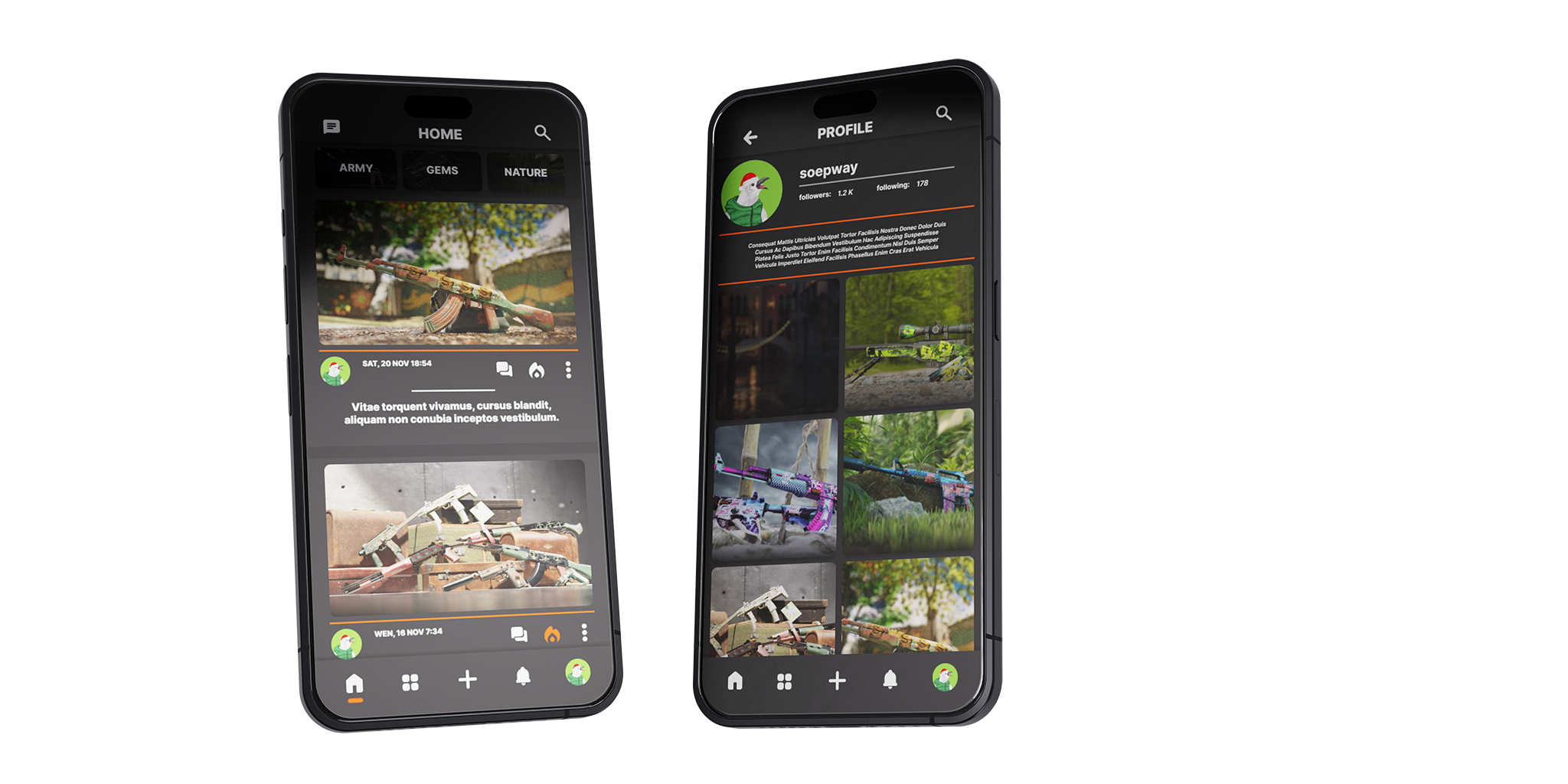 Render van twee telefoons met de UX‑schermen zichtbaar